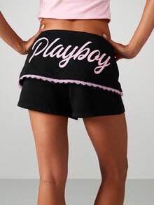 Missguided x Playboy Women's Hot Pants Lace Trim Detail Black Shorts With Bunny Logo - Casual Summer Festival Bottoms - Black - View 4