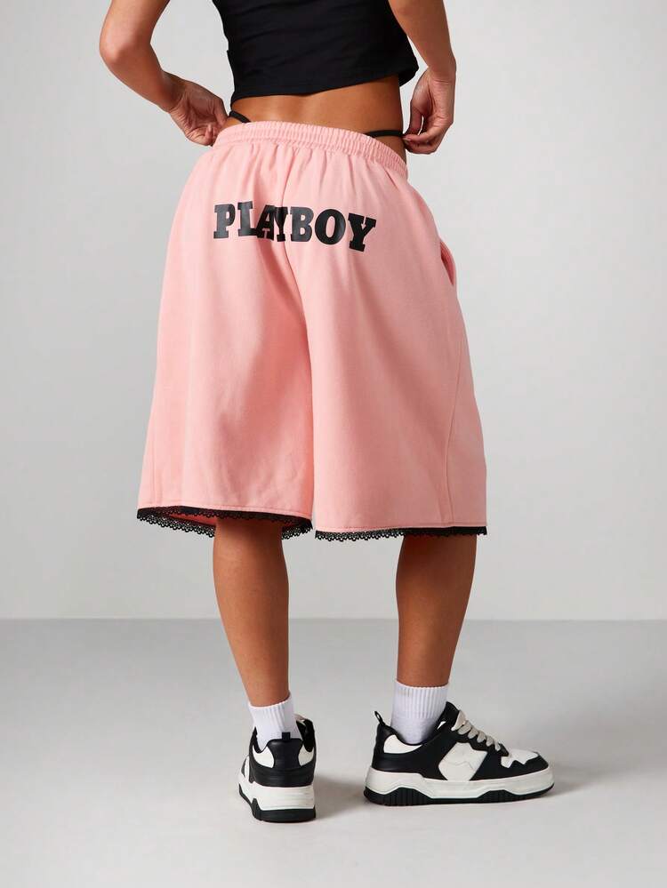 Missguided x Playboy Statement Drawstring Basketball Bermuda Shorts With Lace Trim - Casual Summer Streetwear