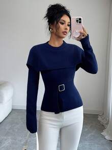 SHEIN Elenzya Áo len dài tay trơn màu thanh lịch dành cho nữ - Màu xanh lam - Xem 6