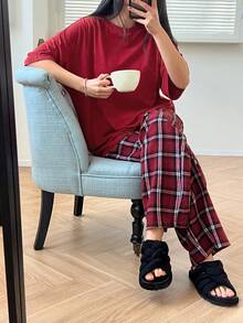 DAZY 休闲宽松格子上衣和裤子家居服红色睡衣休闲套装 - 紅色 - 查看 5