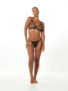 SUMWON WOMEN Camouflage Mesh Lace Bralette And Thong Set Intimates Lingerie