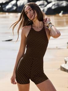 Aralina Bộ đồ tập luyện Leisurwear chấm bi cổ yếm co giãn ôm sát kèm băng đô - Cà phê nâu - Xem 5