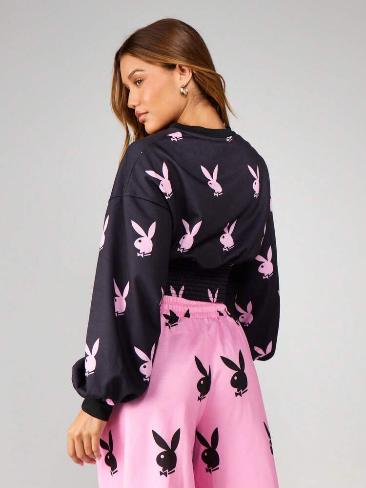 Missguided x Playboy Oversized Pullover Sweatshirt mit Hasen-Muster, Rundhalsausschnitt, Langarm und elastischem Bund für lässige Freizeitkleidung