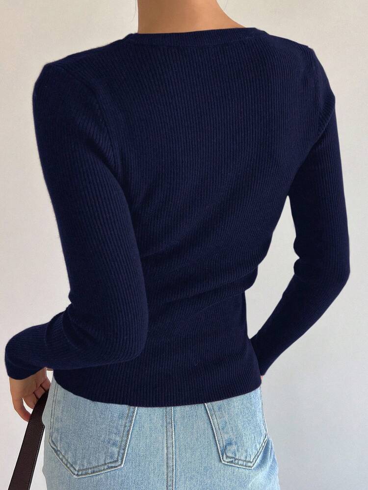 Women's Solid Color Ribbed Knit Crew Neck Fitted Long Sleeve Sweater, Autumn/Winter
