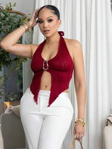 Melissa Matos Camiseta sin mangas con cuello anudado, hebilla metálica y bajo asimétrico ajustado - Burdeos - Ver 6