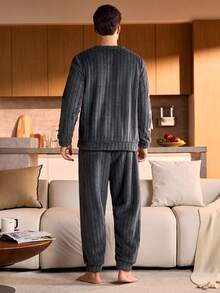 SHEIN Provexi Men's Plush Crew Neck Long Sleeve Top & Long Pants Fluffy Cozy Pajama Clothes Set, Winter - Dark Grey - View 2