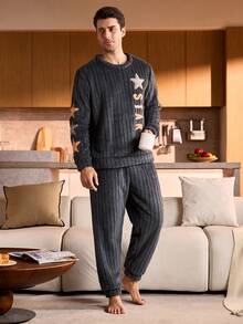 SHEIN Provexi Men's Plush Crew Neck Long Sleeve Top & Long Pants Fluffy Cozy Pajama Clothes Set, Winter - Dark Grey - View 4
