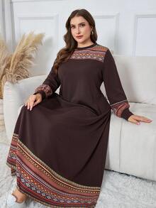 Lacomfia 女式印花拼接灯笼袖宽松休闲舒适家居连衣裙，大码，秋冬 - 彩色 - 查看 5