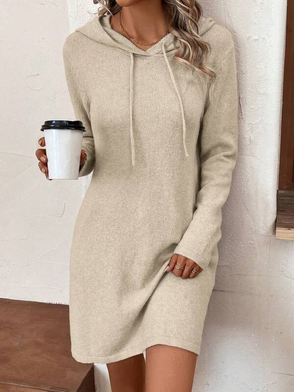 EMERY ROSE Women's Casual Solid Color Long Sleeve Drawstring Hooded Knit Dress, Autumn