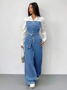 Siren Gaze Quần yếm denim và áo liền quần dài tay ôm sát thoải mái dành cho nữ - Rửa nhẹ - Xem 3