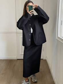 DAZY 2 件套女士休闲宽松绗缝长袖夹克和长直筒裙套装，秋冬 - 黑色 - 查看 4
