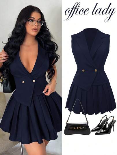 SHEIN SXY 夏季简约优雅性感纯黑色修身西装套装 - 无袖不对称下摆定制背心和迷你褶裙两件套，适合约会、聚会、生日、派对、正式场合、办公室通勤、秋冬商务休闲女性