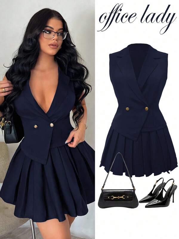 SHEIN SXY 夏季简约优雅性感纯黑色修身西装套装 - 无袖不对称下摆定制背心和迷你褶裙两件套，适合约会、聚会、生日、派对、正式场合、办公室通勤、秋冬商务休闲女性