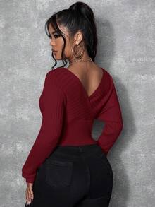 SHEIN SXY Women's Solid Color Off-Shoulder Long Sleeve Fitted Fashionable Sweater, Autumn/Winter Off The Shoulder Long Sleeve Bodysuits For Women Long Sleeve Cleavage Top Tops For Women Sexy,Christmas Sweater Women,Red Top,Christmas Sweater