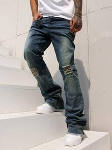 Manfinity LEGND Men's Casual Washed Distressed Flare Jeans Men Flare Jeans