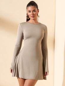 SHEIN BAE Váy mini cổ cao tay dài ôm sát dành cho nữ, viền bèo nhún, màu cà phê, thích hợp mặc nhiều lớp, hẹn hò hoặc đi làm vào mùa thu đông, váy xếp ly thanh lịch, váy ô, trang phục công sở, đồ mặc nhà mùa thu - Màu Khaki - Xem 3