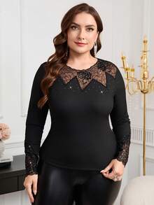 Reflora Plus Size Lace Patchwork Rhinestone Knit Top,Long Sleeve Autumn Base Sweater,Elegant Mesh Contrast T-Shirt,Black Formal Evening Night Out Club Top - Black - View 6