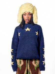 SUMWON WOMEN 超大蓬松圆领星星针织毛衣柔软冬季套头衫秋季针织衫 - 藏蓝色 - 查看 3