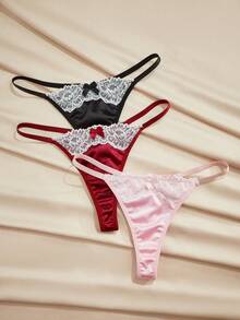 Charlaine Bragas tipo tanga elegantes y sexys de mujer con parches de encaje y decoración de moño - Multicolor - Ver 1
