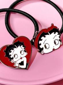 Betty Boop x SHEIN 4件套锌合金女士弹力发绳，红色爱心樱桃金色发圈黑色橡皮筋套装，适合扎头发和马尾辫发型，礼品创意，派对，节日，情人节 - 彩色 - 查看 5