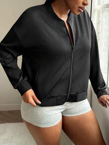 Rhythm Era Áo khoác bomber cổ đứng màu đen trơn, chất liệu vải sần, có khóa kéo, kiểu dáng thể thao năng động, thoáng khí, thích hợp cho tập gym. - màu đen - Xem 5