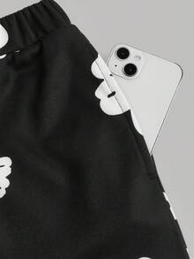 SHEIN 少女宽松黑白印花连帽衫，带口袋和运动裤套装，秋冬连帽衫套装 - 黑與白 - 查看 4