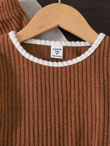 2 pièces/Set Élégant Ensemble décontracté pour Tout-petites Filles, Pull Côtelé Manches Longues Tricoté Café et Pantalon Côtelé Évasé Assorti, avec Volants Contrastés aux Poignets et à l'Ourlet, Convient pour l'Automne/Hiver, les Vacances, la Mode de Rue - Marron - Voir 5