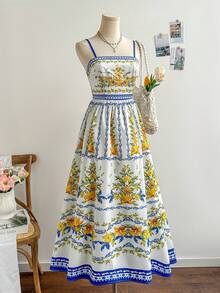 Soleia Váy midi chữ A thắt eo họa tiết hoa nhiệt đới màu xanh và vàng dành cho nữ, đi nghỉ - Nhiều màu - Xem 3