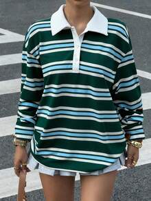 Muchica 女士休闲 2025 新款苔绿色条纹长袖 T 恤、刺绣骏马 Polo 衫、复古秋/春上衣 - 彩色 - 查看 5