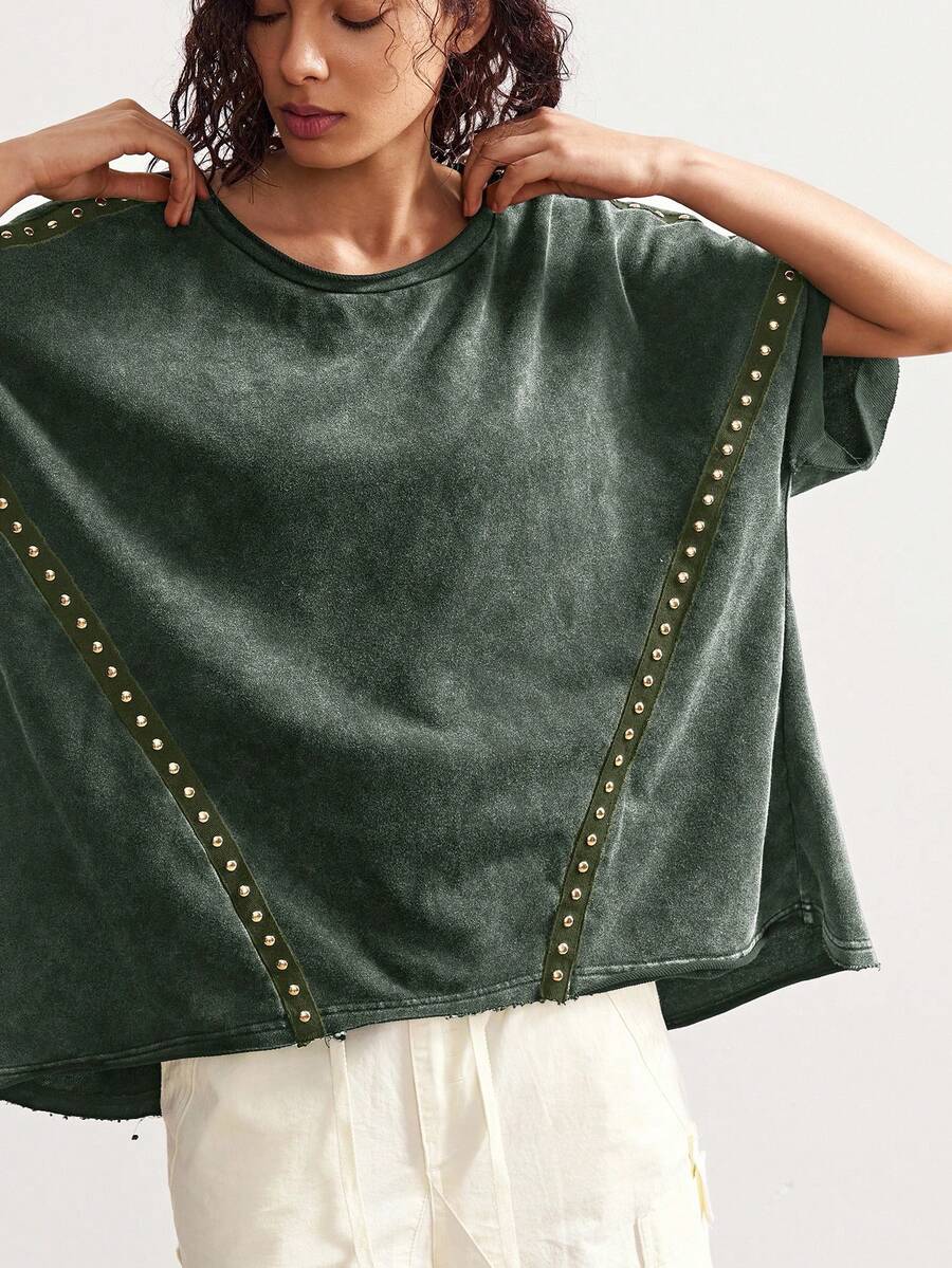 Bohemela 波西米亚乡村度假休闲风格铆钉针织圆领宽松水洗女式 T 恤 - 軍綠色 - 查看 1