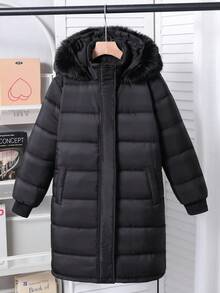 1pc Black Long Casual Style Black Stitching Crafted Long Sleeve Straight Hem Hooded Fur Collar Thick Winter Commute Daily Warm Fashion Versatile Girls Padded Coat - Black - View 3