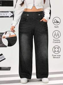 Flexra Quần jean ống đứng cạp cao giặt thường ngày cỡ lớn cho nữ - Màu xám đen - Xem 1