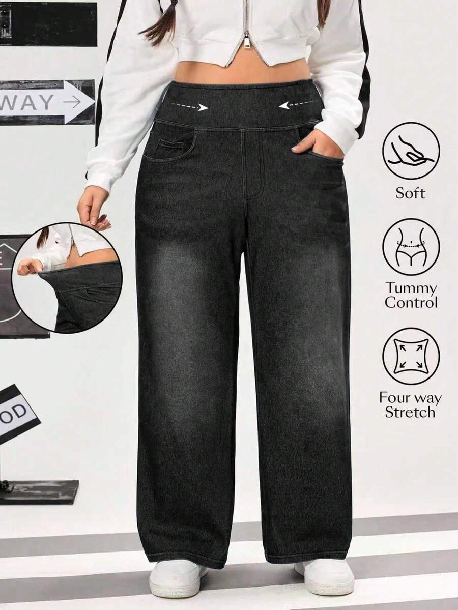Flexra Quần jean ống đứng cạp cao giặt thường ngày cỡ lớn cho nữ - Màu xám đen - Xem 1