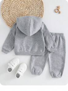 男婴休闲可爱百搭蓝色针织连帽衫和松紧腰裤套装 - 淺灰色 - 查看 2
