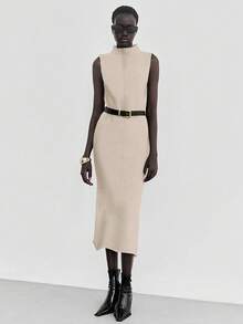 Lumivelle 女士棕色无袖时尚毛衣裙 - 杏色 - 查看 3