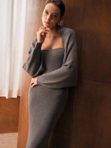 MOTF PREMIUM 2PCS ELEGANT SET: AUTUMN/WINTER MERMAID HEM TUBE SWEATER DRESS & BOLERO SHRUG TOP - Grey - View 5