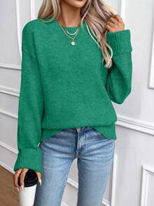 EMERY ROSE Áo len chui đầu cổ tròn dáng rộng cho nữ có bo gấu ở cổ tay - Màu xanh lá cây đậm - Xem 5