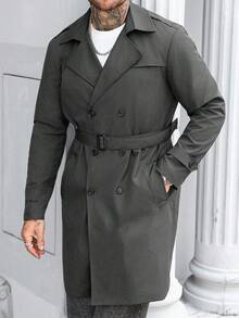 Manfinity Mode 男士街头风 INS 同款黑色纯色防尖领双排扣翻领宽松长袖风衣，纯色休闲风衣，男友老公周年纪念礼物，灰色 - 深灰色 - 查看 4