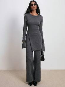 ATUI Studio 2 件套女士针织毛衣和裤子套装，时尚百搭，极简通勤，日常搭配，度假风格，办公室通勤装，极简主义女装 - 灰色 - 查看 5