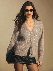 Poéselle 女式亮片拼布V领纽扣休闲长袖开衫 - 駝色 - 查看 7