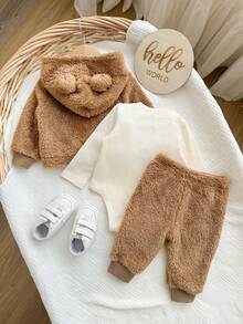 SHEIN 新生儿三件套保暖加厚长袖连体衣、卡通耳朵连帽外套和裤子 - 棕色 - 查看 2