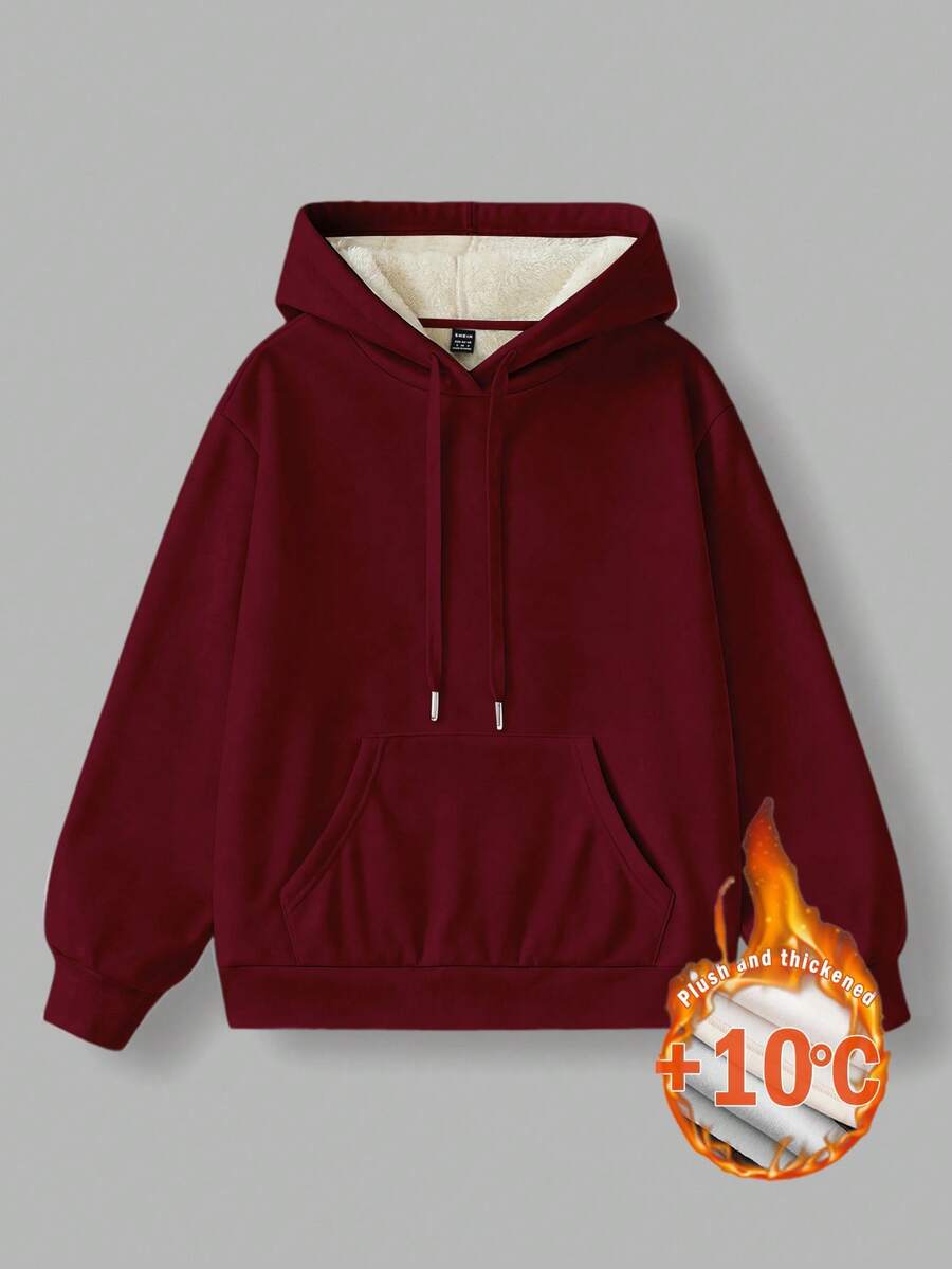SHEIN EZwear Felpa con collo alto e mezza chiusura lampo, in pile, casual e ampia, con coulisse, colore bordeaux, adatta per l'autunno/inverno - Bordò - Visualizzare 1