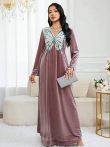 Al Najma 女式优雅亮片蝴蝶图案长袖连衣裙，秋季 - 淺灰紫 - 查看 4