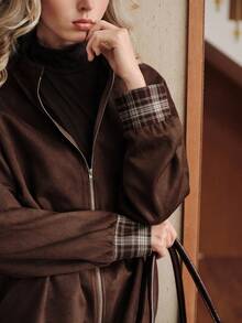 女式绒面格子拼接设计复古街头风格学院风别致美式咖啡棕色高端夹克 - 咖啡棕 - 查看 9