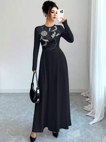 Modelyn Váy chữ A cổ tròn tay dài in hoa bóng dành cho nữ, thắt eo, mùa xuân/thu - Nhiều màu - Xem 4