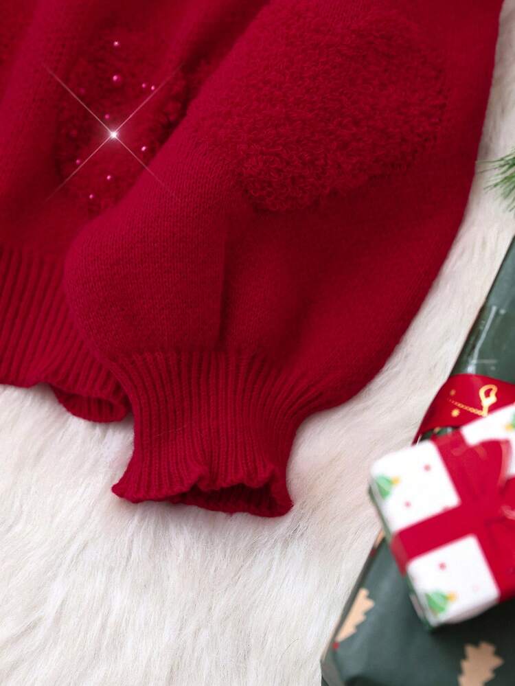 GENKIRA Studded Heart Loose Casual Pullover Sweater - Red - View 4