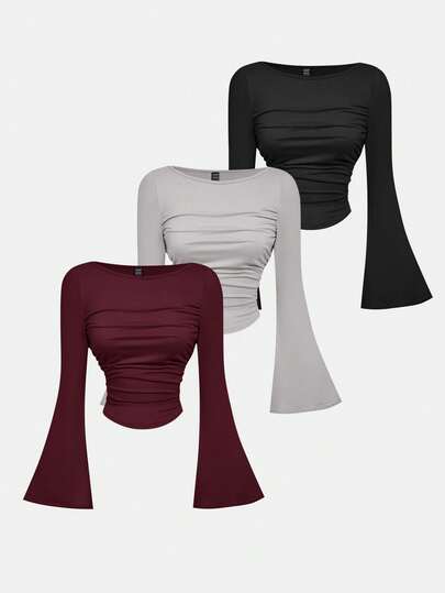 SHEIN MOD 3 piezas Conjunto de camiseta de manga larga con cuello cuadrado plisado casual para mujer, ropa de abrigo, atuendos de mujer para otoño, blusas para salir, atuendos de mujer para vacaciones, Año Nuevo, Blusa blanca