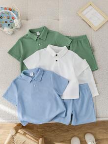 LMoss Kids 6 件装年轻男童休闲运动度假 Polo 领短袖 Polo 衫和配套松紧腰短裤套装，针织纯色舒适服装，适合儿童服装，年轻男童服装，返校，男童套装适合生日派对、晚会、表演、婚礼、洗礼、开幕式、日常使用、学校、旅行、运动、春夏季节 - 彩色 - 查看 3