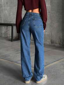 女士休闲原色高腰牛仔裤 - 深色水洗藍 - 查看 5