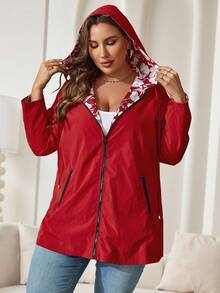 Reflora Plus Size Women Geometric Print Reversible Long Sleeve Casual Hooded Loose Jacket, Suitable For Autumn And Winter Fall - Red - View 6